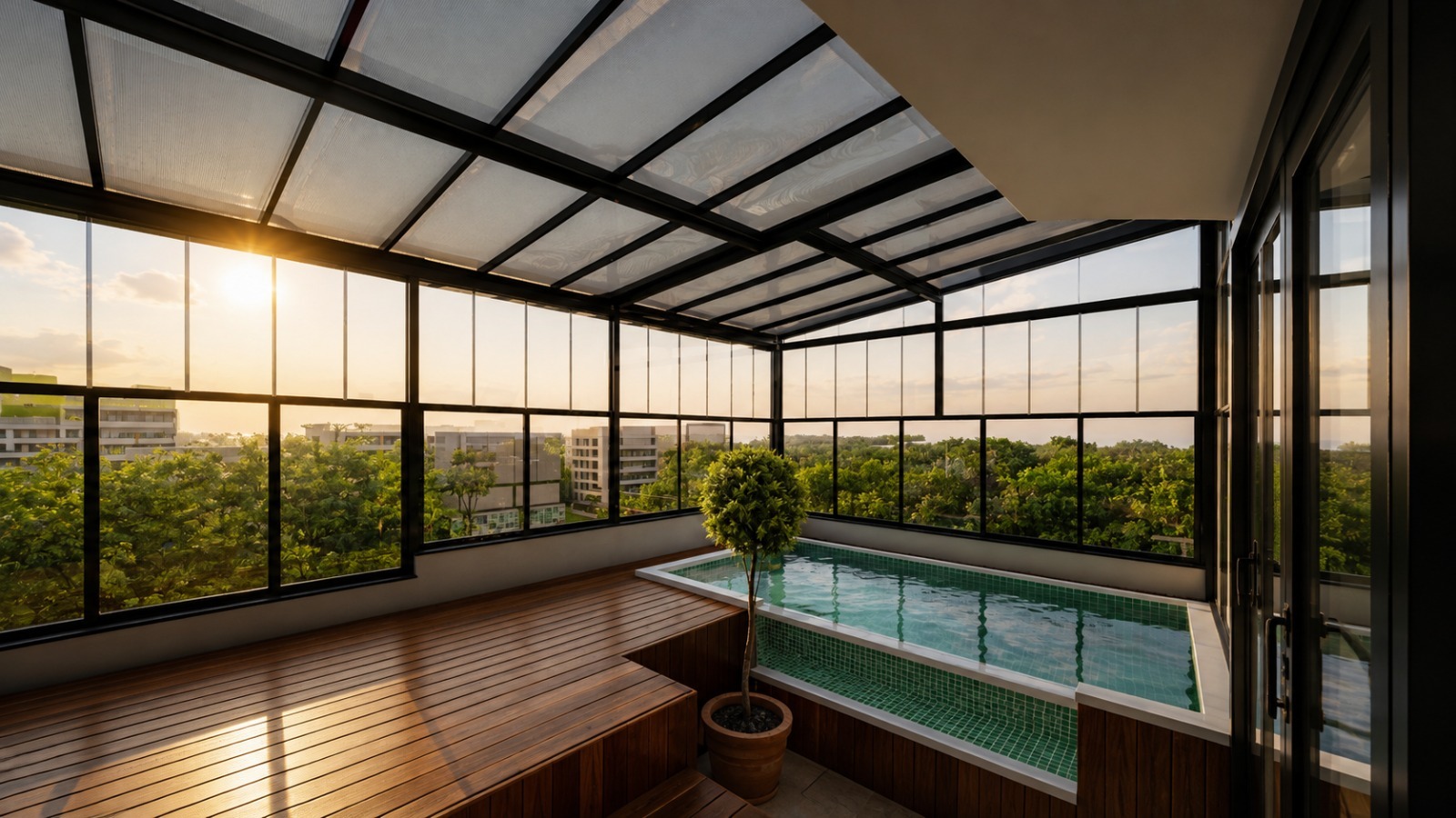 Cobertura retrátil em terraço com deck e piscina
